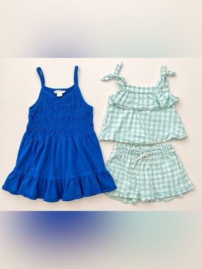 Toddler Girl Summer Outfit Bundle Crewcuts Blue Dress + Gap Gingham Set